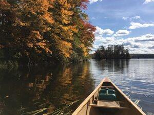 A canoe rolling down a river with autumn foliage